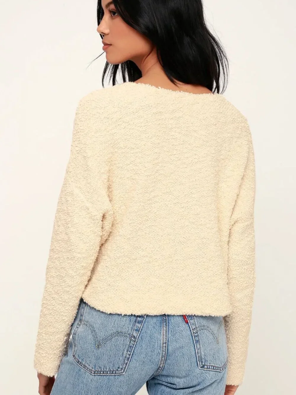 Free People Popcorn Pullover Cropped Ivory Cream Sweater Oversized XS